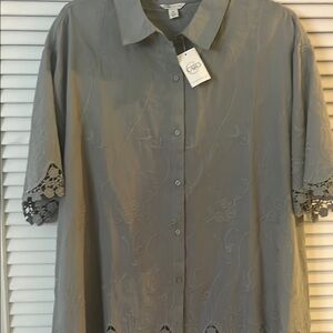 Gray Button-Up Shirt with Lace Trim